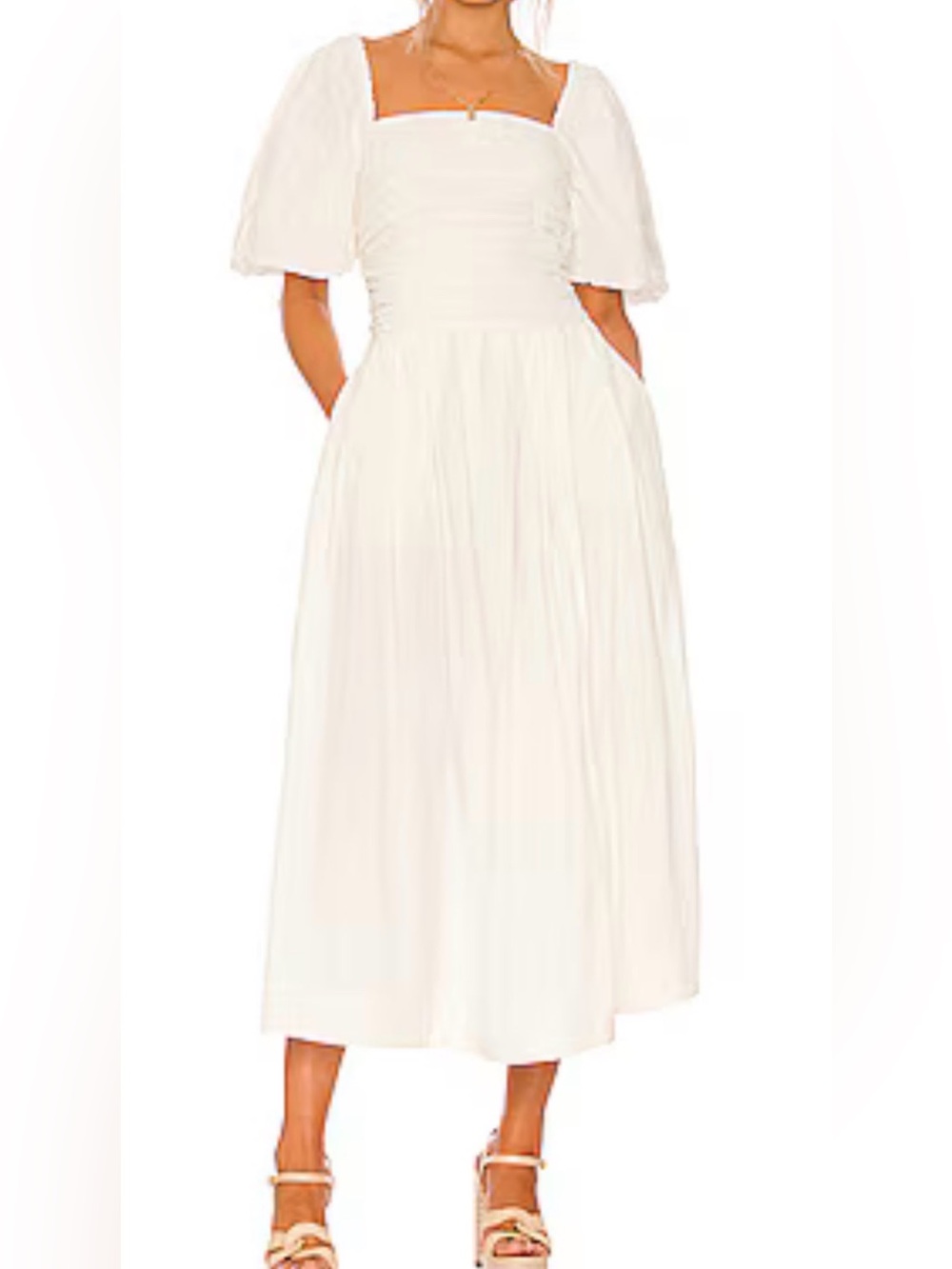Free People White Midi Dress with Puff Sleeves